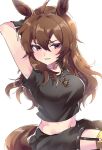  1girl animal_ears arms_behind_head asymmetrical_legwear asymmetrical_pants big_breasts black_gloves black_pants blush breasts brown_hair garter_straps gloves gold_necklace hair_between_eyes hat high_res horse_ears horse_girl horse_tail jewelry kuu_12r long_hair looking_at_viewer midriff nakayama_festa_(umamusume) navel necklace official_alternate_costume pants parted_lips purple_eyes shirt smile tail umamusume umamusume_pretty_derby uneven_legwear white_shirt 
