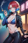 ai_generated bare_midriff bicolored_hair bikini bikini_top blue_eyes blue_hair choker cigarette cybernetics cyberpunk elf elf_ears elf_female leather_jacket looking_at_viewer neon neon_lights neon_trim night prosthesis red_hair short_hair smoking two_color_hair