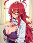  100_kanojo ai_generated bra breasts_out gigantic_breasts glasses green_eyes huge_breasts kimi_no_koto_ga_dai_dai_dai_dai_daisuki_na_100-nin_no_kanojo light-skinned_female light_skin long_hair looking_at_viewer massive_breasts pizza6go red_hair ripped_clothing solo_female squatting sweat sweatdrop the_100_girlfriends_who_really_really_really_really_really_love_you thick_body thick_female voluptuous voluptuous_female yakuzen_kusuri 