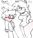 1boy 1boy1girl 1girl ass blaehine blush blushing_male boobs_and_butt_pose breasts clothed clothing colorless curvy curvy_female danais_mcqueen dress glasses hand_on_hip hips jacob_flowrish looking_at_another looking_at_breasts male nerd nerdy_male nervous nervous_male nervous_sweat no_color not_colored oc original_character original_characters short_dress shorter_male shorter_male/taller_female shy_male side_view square_glasses taller_female