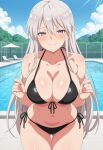 1girl ai_generated azur_lane big_breasts bikini black_bikini blush breasts cleavage enterprise_(azur_lane) female_only long_hair outdoor_pool outside pool poolside purple_eyes ship_girl smile solo_female vegaforge white_hair