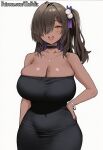  1girl ai_generated big_breasts blush breasts choker collarbone dark-skinned_female dark_skin dress gigantic_breasts goddess_of_victory:_nikke hair_over_one_eye hand_on_hip happy hip huge_breasts mole mole_on_breast naga_(nikke) open_mouth smile thefelix thick_thighs thighs white_background wide_hips 