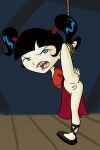 angry angry_face arms_behind_back backstage ballet_shoes ballet_slippers black_hair black_shoes blue_eyes blush_stickers bottomless chinese_clothes kimiko_tohomiko leg_lift lipstick open_mouth pink_lips pussy red_dress sidelocks spread_legs stuff18over tied tied_hands tied_legs twin_tails upper_teeth_only white_skin xiaolin_showdown