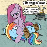 bdsm bondage crazy cunnilingus equine female friendship_is_magic horse megasweet my_little_pony oral oral_sex party_hat pegasus pinkie_pie pony pussylicking rainbow_dash rock sex text yuri