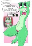 1girl 4_fingers amphibian anthro bedroom_eyes black_eyeshadow blush blush_stickers bow_tie bow_tie_only bran-draws-things caine_censorship censor_bar censored_text dialogue english_text eyeshadow featureless_chest female fingers flat_chested frog genitals glitch_productions grin high_res makeup mostly_nude narrowed_eyes nude nude_female plump_labia red_cheeks ribbit_(tadc) seductive smile solo speech_bubble text the_amazing_digital_circus toony vulva wet