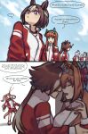 6+girls absurd_res agnes_digital_(umamusume) animal_ears aroused_nosebleed blood blue_sky closed_eyes commentary daiwa_scarlet_(umamusume) english_commentary english_text gold_ship_(umamusume) grass_wonder_(umamusume) high_res horse_ears horse_girl horse_tail imminent_kiss jacket maybe_vallery mejiro_mcqueen_(umamusume) multiple_girls nosebleed red_shorts short_shorts shorts sky special_week_(umamusume) speech_bubble tail tokai_teio_(umamusume) track_jacket umamusume vodka_(umamusume) yuri