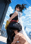 1boy1girl ai_generated ass bodysuit boku_no_hero_academia city cityscape curvy curvy_female curvy_figure face_in_ass gilf long_hair mature_female milf my_hero_academia nana_shimura superheroine