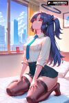  1girl 1girls 2025 ai_assisted ai_generated anime animeprds25 artist_name black_skirt black_thighhighs blue_archive blue_eyes blue_necktie breasts collared_shirt condom_box feet halo hands_on_own_thighs high_quality high_res high_res high_resolution indoors long_hair looking_up mechanical_halo neck_tie on_bed patreon_username pillow pleated_skirt purple_hair shirt shirt_tucked_in skirt stable_diffusion stockings toes two_side_up watermark white_shirt window yuuka_(blue_archive) 