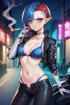  ai_generated bare_midriff bicolored_hair bikini bikini_top blue_eyes blue_hair choker cigarette cybernetics cyberpunk elf elf_ears elf_female leather_jacket looking_at_viewer neon neon_lights neon_trim night prosthesis red_hair short_hair smoking two_color_hair 