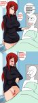  1boy 1girl big_breasts blush breasts cameltoe clothed clothed_female dialogue female_pubic_hair inkrait_(artist) light-skinned_female light_skin long_hair open_mouth parasoul_(skullgirls) presenting presenting_pussy pubic_hair pussy pussy pussy_hair red_hair skullgirls smile spanish_text surprised text thick_thighs thighs 