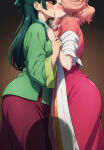2_girls ai_generated bare_thighs big_breasts blush breasts_squeezed_together closed_eyes cyan_eyes drunk fat_ass gigantic_breasts green_hair gyokuyou_(kusuriya_no_hitorigoto) hair_bun hair_ornament huge_breasts huge_thighs japanese_clothes kissing kusuriya_no_hitorigoto light-skinned_female light_skin long_hair maomao_(kusuriya_no_hitorigoto) massive_breasts mature_female pigtails pink_hair squatting sweat sweatdrop thick_body thick_female thick_thighs thighs voluptuous voluptuous_female yuri