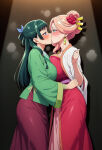 2_girls ai_generated big_breasts blue_eyes blush breasts_squeezed_together cyan_eyes drunk flower_in_hair gigantic_breasts green_hair gyokuyou_(kusuriya_no_hitorigoto) hair_bun hair_ornament hair_ribbon huge_breasts japanese_clothes kissing kusuriya_no_hitorigoto light-skinned_female light_skin long_hair maomao_(kusuriya_no_hitorigoto) massive_breasts mature_female pigtails pink_hair squatting sweat sweatdrop thick_body thick_female voluptuous voluptuous_female yuri