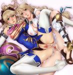 2girls after_sex aftersex blonde_hair blush boots bow breasts cassandra_alexandra censored cum cum_in_pussy cum_inside earrings green_eyes hair highres incest inviting large_breasts long_hair milf multiple_girls nipples presenting pussy pussy_juice see_through sentou_kaiiki shield siblings silf sisters sophitia_alexandra soul_calibur soulcalibur_iv spread_legs stockings thighhighs thongs tie torn_clothes yuri