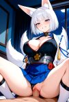 1boy 1girls ai_generated azur_lane bedroom big_breasts black_panties blue_eyes blue_skirt blush breasts cleavage clothed clothed_female clothed_female_nude_male cowgirl_position fox_ears fox_girl fox_tails in_bed kaga_(azur_lane) legs_spread naked_male night nude nude nude_male overcoat panties panties_aside penis_in_pussy sex ship_girl short_hair skirt smile socks vaginal_penetration white_hair white_socks