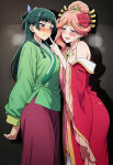 2_girls ai_generated blue_eyes blush cyan_eyes drunk embarrassed flower_in_hair gigantic_breasts green_hair gyokuyou_(kusuriya_no_hitorigoto) hair_bun hair_ornament hair_ribbon huge_breasts japanese_clothes kusuriya_no_hitorigoto light-skinned_female light_skin long_hair maomao_(kusuriya_no_hitorigoto) massive_breasts mature_female medium_breasts pigtails pink_hair squatting sweat sweatdrop thick_body thick_female voluptuous voluptuous_female yuri