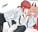  2_girls artist_name barefoot black_necktie black_neckwear black_pants blush braid breast_grab breasts brown_eyes chainsaw_man closed_mouth collared_shirt couple duo female/female female_only femdom femsub girl_on_top grabbing_another's_breast hair_between_eyes half-closed_eyes horns kurigami lezdom lezsub light-skinned_female light_skin long_hair long_sleeves looking_at_another lower_teeth makima_(chainsaw_man) medium_breasts multiple_girls neck_tie neckwear open_mouth pants pink_hair power_(chainsaw_man) red_hair red_horns sharp_teeth shirt simple_background smile straight_hair sweat sweating teeth tied_hair upper_teeth white_background white_shirt yuri 