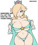  1girl alluring blonde_hair breasts collarbone crown english_text gigantic_breasts grin hips huge_breasts light-skinned_female light_skin looking_at_viewer mafufim mario_(series) navel nintendo princess rosalina smile smirk standing super_mario_bros. text thick_thighs thighs undressing wide_hips 