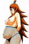 accurate_art_style ai_generated areola bare_thighs belly_grab brown_hair fishnets gigantic_breasts green_eyes hair_over_one_eye huge_areolae huge_breasts huge_nipples huge_thighs light-skinned_female light_skin long_hair looking_at_viewer massive_breasts mature_female mei_terumi milf naruto naruto_(series) naruto_shippuden nipples panties pregnant pregnant_belly puffy_nipples solo_female squatting sweat sweatdrop thick_body thick_female thick_thighs thighs voluptuous voluptuous_female