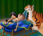 aladdin_(series) ass ass_crack bent_over black_hair bracelet breasts brown_eyes cleavage disney earring embarrassing hairband likozor lipstick long_hair necklace nipple no_panties pants_pull ponytail princess_jasmine rajah smile surprise tiger wedgie