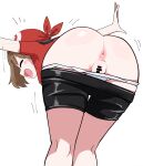 anus ass bent_over brown_hair clothed clothing may_(pokemon) nintendo pokemon pussy shorts shorts_down simple_background