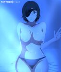  1girl arm_behind_back arm_support artist_name bare_arms bare_legs bare_shoulders bed big_breasts black_eyepatch black_panties black_underwear blush breasts breasts_apart chainsaw_man closed_mouth collarbone dark_green_hair eyepatch female_only female_solo green_hair grey_eyes hand_up himeno_(chainsaw_man) indoors kurigami legs legs_together looking_at_viewer navel neck night nipples on_bed panties short_hair sitting sitting_on_bed smile thighs topless topless_female underwear waving waving_at_viewer 