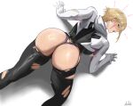 1girl bent_over big_breasts blonde_hair blue_eyes bubble_butt cleavage doggy_position gwen_stacy gwen_stacy_(spider-verse) horny inviting_to_sex looking_at_viewer marvel marvel_comics mugi_(mugit49) older older_female pose spider-gwen spider-man:_across_the_spider-verse spider-man:_into_the_spider-verse spider-man_(series) teasing thick_thighs young_adult young_adult_female young_adult_woman