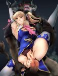  1boy 1girl blonde_hair breasts cassandra_alexandra censored chain female green_eyes male minotaur monster nipples rape saliva shackles soul_calibur stockings tears teeth tie torn_clothes 