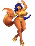1girl belly_dancer big_ass big_breasts blue_hair carmelita_fox curly_hair cute dancing fluffy_tail fox fox_girl gold_jewelry long_ears long_hair m_jr_art orange_skin platform_shoes ponytail seductive sexy tail