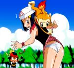  1boy 1girl ash_ketchum ass black_hair blue_hair blush butt chimchar dawn embarrassing hat hikari_(pokemon) kakkii looking_back panties pikachu pokemon pokemon_(anime) satoshi satoshi_(pokemon) stripped_by_other surprise underwear white_panties 