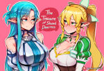 2_girls artist_name asuna_(sao) asuna_(sao-alo) asuna_yuuki asymmetrical_bangs bangs big_breasts blonde_female blonde_hair blue_eyes blue_hair blush breasts closed_mouth couple duo elf english_text eye_contact eyebrows_visible_through_hair female_only friends green_eyes hair_between_eyes half-closed_eyes heroine high_ponytail hoorpy hoorpy_(artist) kirigaya_suguha leafa leafa_(sao) light-skinned_female light_blue_hair light_skin long_hair looking_at_another love multiple_girls mutual_yuri pink_background pointy_ears ponytail romantic romantic_couple sidelocks simple_background smile speech_bubble straight_hair suguha_kirigaya sword_art_online text the_treasure_of_shared_desires tied_hair title very_long_hair yuri yuuki_asuna