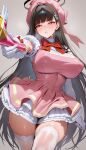  1girl ai_generated black_hair blue_archive blush breasts cosplay cosplaying dress embarrassed halo huge_breasts long_hair magical_girl nikumist puffy_nipples red_eyes rio_(blue_archive) rio_tsukatsuki_(blue_archive) staff steam steamy_breath sweat sweatdrop sweating thick_thighs thighs 