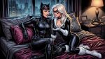  2_girls ai_generated bed bedroom black_cat black_cat_(marvel) black_hair bodysuit catwoman crazykings crossover dc dc_comics goggles_on_head leather_clothing lesbian_couple marvel marvel_comics mask stable_diffusion white_hair 