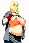 accurate_art_style ai_generated areola blonde_hair breasts_out cyan_eyes gigantic_breasts huge_areolae huge_breasts huge_nipples light-skinned_female light_skin looking_at_viewer massive_breasts mature_female naruto naruto_(series) naruto_shippuden nipples pregnant pregnant_belly puffy_nipples samui short_hair solo_female squatting sweat sweatdrop thick_body thick_female voluptuous voluptuous_female