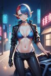 ai_generated bare_midriff bicolored_hair bikini bikini_top blue_eyes blue_hair choker cigarette cybernetics cyberpunk elf elf_ears elf_female leather_jacket looking_at_viewer neon neon_lights neon_trim night prosthesis red_hair short_hair smoking two_color_hair