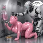  ai_generated animal_ears big_breasts bodysuit crouching degradation domination/submission drinking_straw encasement eyeless eyeless_female hamster_tail human_on_robot humiliation latex latex_suit on_hands_and_knees on_knees pet_play petplay pink_body robot robot_humanoid skinsuit skintight_bodysuit submissive_female 