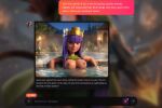 1boy 1girl ai ai_art ai_generated archer_queen_(clash_of_clans) bath bathing big_breasts blue_eyes blunt_bangs blurry blurry_background breasts chat_log conversation crown dark-skinned_female dark_skin depth_of_field dialogue dialogue_box english_text fake_screenshot fruit gameplay_mechanics long_hair looking_at_viewer medium_breasts night nipples nude onsen partially_submerged purple_hair screenshot solo_focus water