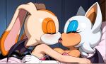2_girls ai_generated animal_ears bat_ears bat_girl bat_wings big_breasts blue_eyeshadow blush breasts cosplay couple cream_the_rabbit duo eyeshadow female/female female_only french_kiss girl_on_top indoors interspecies kissing love makeup mammal multiple_girls mutual_yuri open_mouth orange_fur outfit_swap pillow rabbit_ears rabbit_girl romantic romantic_couple rouge_the_bat rouge_the_bat_(cosplay) sega sonic_(series) sonic_the_hedgehog_(series) sonic_x tan_fur tongue tongue_out white_fur wings yuri