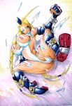 1girl areolae bad_id blonde_hair blue_eyes bodypaint boots braid breasts cameltoe cammy_white capcom fingerless_gloves garrison_cap groin hat highleg_leotard highres hips huge_breasts joushima leotard mound_of_venus one_eye_closed skin_tight solo spread_legs street_fighter thong_leotard torn_clothes torn_leotard traditional_media twin_braids twintails white_leotard wide_hips