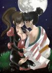 2girls art babe bare_shoulders big_breasts black_hair blush bodysuit breasts brown_hair cleavage closed_eyes demon_girl earrings full_moon grass hair half-closed_eyes hand_on_leg hime_cut incipient_kiss inuyasha japanese_clothes jewelry kagura kimono large_breasts lips lipstick long_hair long_sleeves looking_at_another love moon multiple_girls mutual_yuri naughty_face neck night night_sky off_shoulder open_clothes pointed_ears ponytail red_lipstick sango shiny shiny_skin short_hair sitting sky smile starry_sky topknot undressing white_clothes wide_sleeves youkai yuri