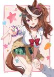 1girl :d ;d alternate_costume alternate_hairstyle animal_ears bead_bracelet beads big_breasts black_choker blush border bow bowtie bracelet breasts brown_cardigan brown_hair candy cardigan cardigan_around_waist carrot choker cleavage clothes_around_waist collared_shirt commentary_request earrings facial_tattoo feet_out_of_frame food gyaru gyaru_v hair_between_eyes hand_on_own_knee high_res horse_ears horse_girl horse_tail jewelry lollipop long_hair loose_bowtie loose_socks mauve multicolored_hair one_eye_closed open_mouth outside_border pendant_choker plaid_clothes plaid_skirt purple_hair purple_scrunchie red_bow school_uniform scrunchie shirt side_ponytail sidelocks single_earring skirt sleeves_rolled_up smile socks star_(symbol) streaked_hair striped_bow symboli_rudolf_(umamusume) tail tattoo twitter_username umamusume umamusume_pretty_derby v v-shaped_eyebrows white_border white_hair white_shirt white_socks wrist_scrunchie