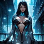  1girl ai_generated alley big_breasts black_gloves black_hair blue_eyes bodysuit city cleavage cyberpunk gloves long_hair looking_at_viewer neon_lights night nsfw pale_skin rain raven raven_(stellar_blade) seductive shiny_clothes standing stellar_blade tight_clothes wet wet_clothes 