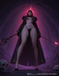 1girl 1girl ai_generated ass_visible_through_thighs big_breasts bikini black_bikini black_coat black_footwear breasts coat detached_collar dual_wielding earrings from_below full_body fur_trim glowing glowing_eyes high_heels highleg highleg_bikini holding holding_polearm holding_weapon jewelry legs long_coat long_hair looking_at_viewer navel nyx_x open_clothes open_coat patreon_username polearm red_eyes red_hair sensitive skull spear standing stomach swimsuit tattoo thighs under_boob weapon