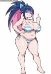  ai_generated bare_thighs barefoot bikini blue_eyes blue_hair chubby_female gigantic_breasts hair_ribbon huge_breasts huge_thighs light-skinned_female light_skin lilabratt long_hair looking_at_viewer massive_breasts middle_finger multicolored_hair panty_&amp;_stocking_with_garterbelt plump ponytail shortstack solo_female squatting stocking_anarchy sweat sweatdrop thick_body thick_female thick_thighs thighs voluptuous voluptuous_female 