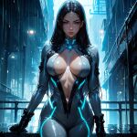  1girl ai_generated alley big_breasts black_gloves black_hair blue_eyes bodysuit city cleavage cyberpunk gloves long_hair looking_at_viewer neon_lights night nsfw pale_skin rain raven raven_(stellar_blade) seductive shiny_clothes standing stellar_blade tight_clothes wet wet_clothes 