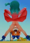 3d ass ass_focus beach beard blue_background blue_hair bottomless bulma_brief dragon_ball_(classic) dragon_ball_(object) exhibitionism gradient_background incogcatto long_hair long_sleeves low_poly master_roshi pajamas pink_pajamas pink_shirt screenshot seaside shirt_lift side_ponytail sneakers spread_legs surprised tree videogame white_beard