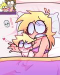 1boy 1boy1girl 1girl 1girl age_difference bed bedroom between_breasts blaehine blonde_hair booker_teshigawara bra cartoon cute danais_mcqueen head_between_breasts male male/female nervous_smile oc onee-shota original original_character original_characters redraw reference_image remake scene_reference size_difference skull surprised younger_male