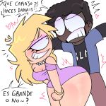 1boy1girl 1girl anal_sex ass biting_lip black_male blaehine blonde_female cartoon cesar_brown clothed_anal clothed_sex clothing confused_expression danais_mcqueen dark-skinned_male dialogue horny_female lip_biting makeup male male_only oc ocs original original_character original_characters pretty_girl short_dress simple_shading spanish spanish_text text