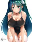 1girl aqua_eyes aqua_hair blue_hair blush breasts cleavage competition_swimsuit hair_between_eyes hair_ribbon huge_breasts isuzu_(kantai_collection) kantai_collection leaning_forward long_hair looking_at_viewer multicolored_hair one-piece_swimsuit open_mouth ribbon simple_background swimsuit thighhighs twin_tails white_background white_legwear