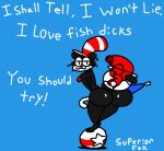 anthro ass ass big_ass big_ass black_body black_fur bouncing_ass bouncing_butt bouncing_penis domestic_cat dr_seuss duo feet felid feline felis feral fish fish_(the_cat_in_the_hat) genitals gif gif looking_at_viewer male mammal outline penis short_playtime signature simple_background smile superiorfox superiorfoxdafox tail text the_cat_in_the_hat the_cat_in_the_hat_(character) twerking umbrella