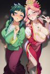  2_girls ai_generated bare_thighs big_breasts blue_eyes blush cyan_eyes drunk flower_in_hair gigantic_breasts green_hair gyokuyou_(kusuriya_no_hitorigoto) hair_bun hair_ornament hair_ribbon huge_breasts huge_thighs japanese_clothes kusuriya_no_hitorigoto light-skinned_female light_skin long_hair looking_at_viewer maomao_(kusuriya_no_hitorigoto) massive_breasts mature_female pigtails pink_hair squatting sweat sweatdrop thick_body thick_female thick_thighs thighs voluptuous voluptuous_female 